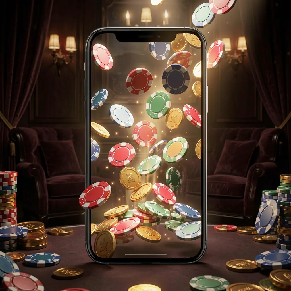Smartphone screen glowing with casino chips and coins emerging, showcasing the RK5 online gaming app against a luxury dark background with cinematic lighting in a high detail 3D render