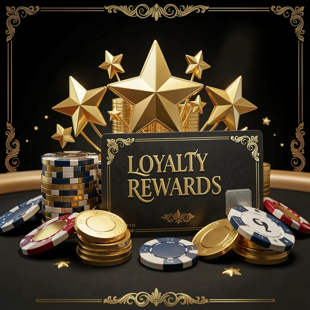 RK5 loyalty rewards casino image featuring golden stars, poker chips, coins, and a luxury reward card on an elegant black and gold background in a realistic 3D render