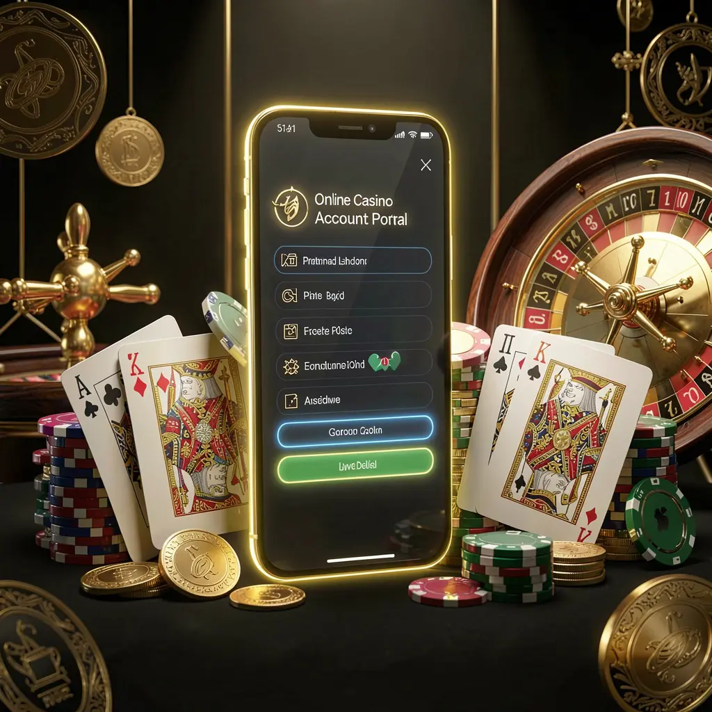 RK5 online casino account portal displayed on a glowing smartphone with premium cards, chips, roulette wheel, and coins against a black and gold background with cinematic lighting in a realistic 3D render