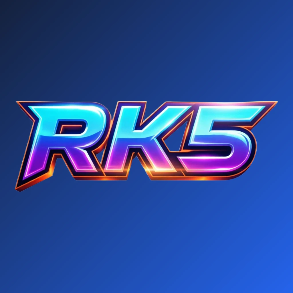 Bold 3D gaming logo featuring the text RK5 in energetic colors with a modern esports-inspired design, displayed as a wide horizontal rectangular wordmark with a transparent background for website header use