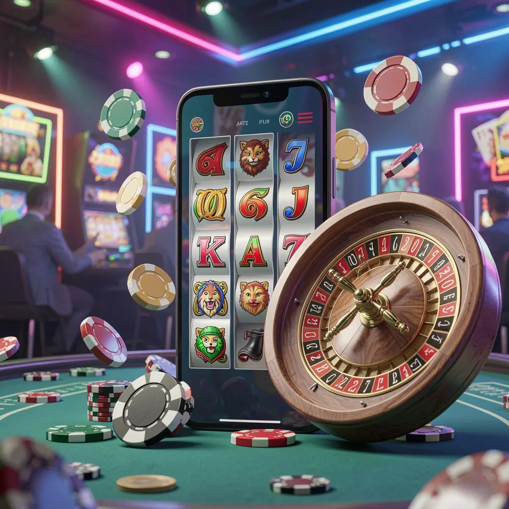 RK5 casino entertainment homepage concept featuring a modern mobile phone surrounded by slot symbols, a roulette wheel, chips, and coins floating against a neon casino background in a premium 3D render